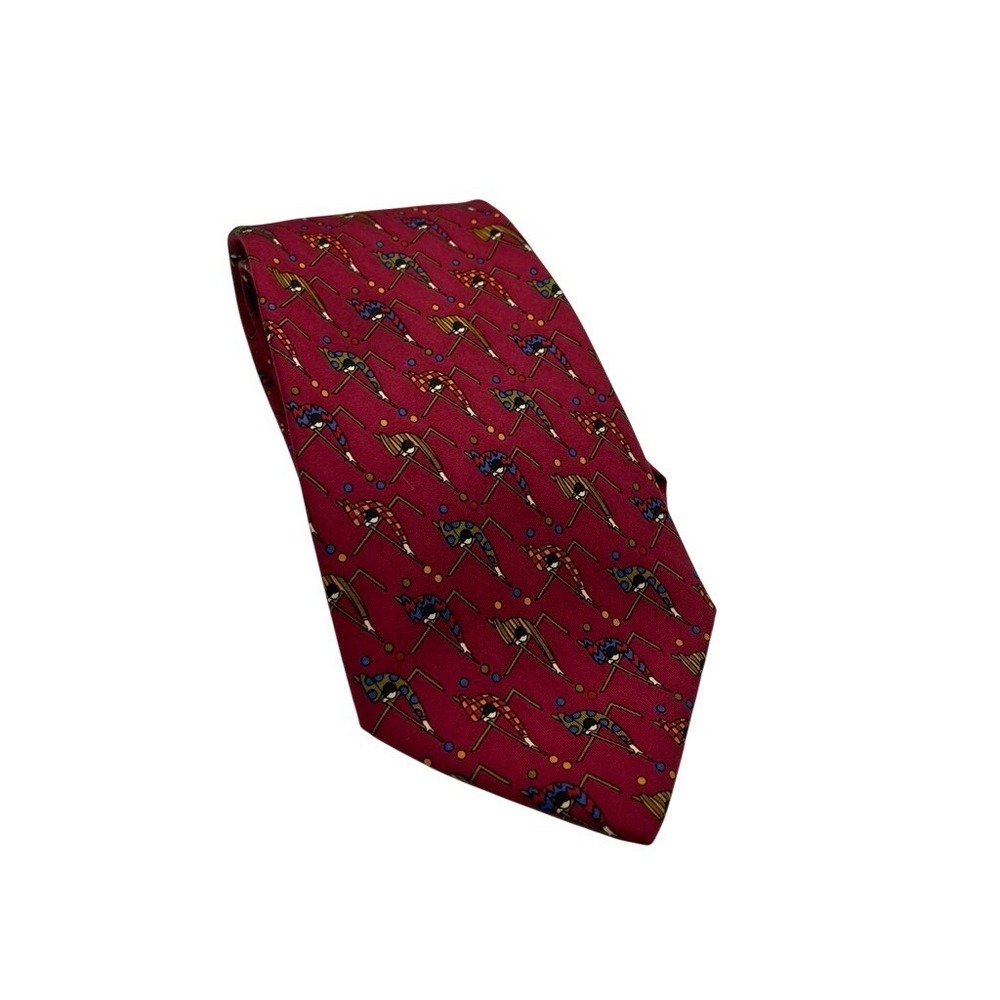 Salvatore Ferragamo Silk Tie Mens OS Red Billiards Pool Players Novelty Italy